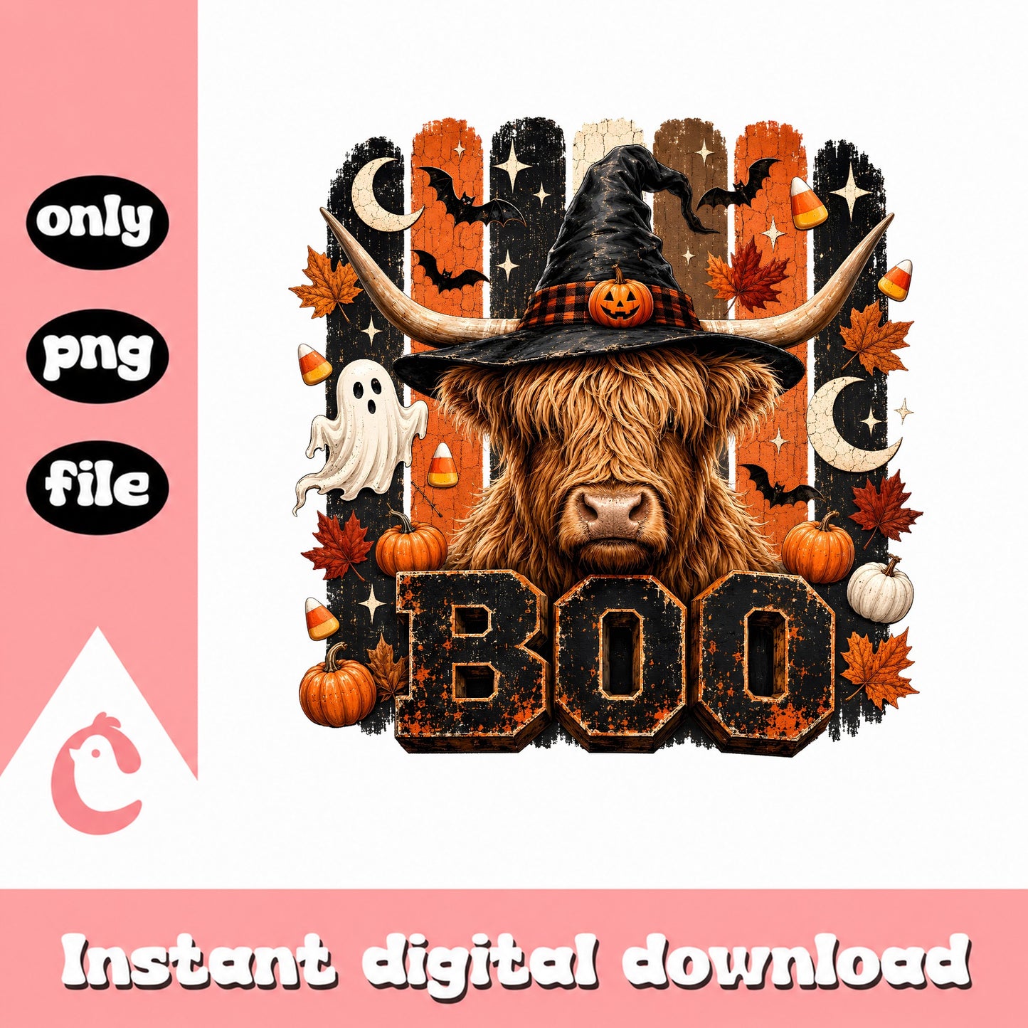 Halloween Highland Cow Boo PNG, Witch Hat Cow PNG, Fall PNG