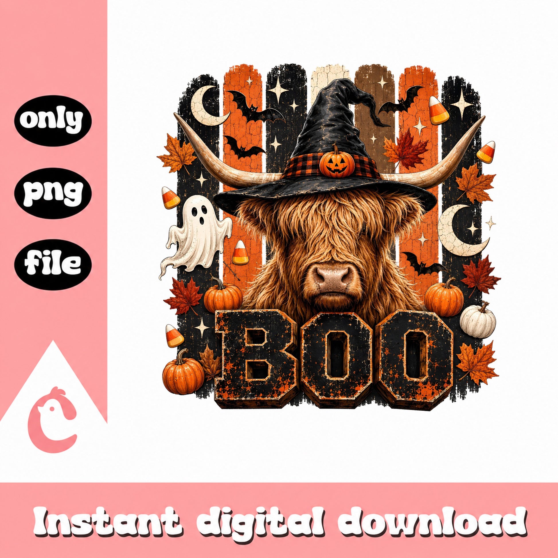 Halloween Highland Cow Boo PNG, Witch Hat Cow PNG, Fall PNG