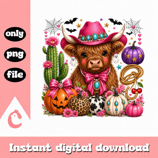 Halloween Highland Cow Cowgirl PNG, Pumpkin Western PNG, Spooky PNG
