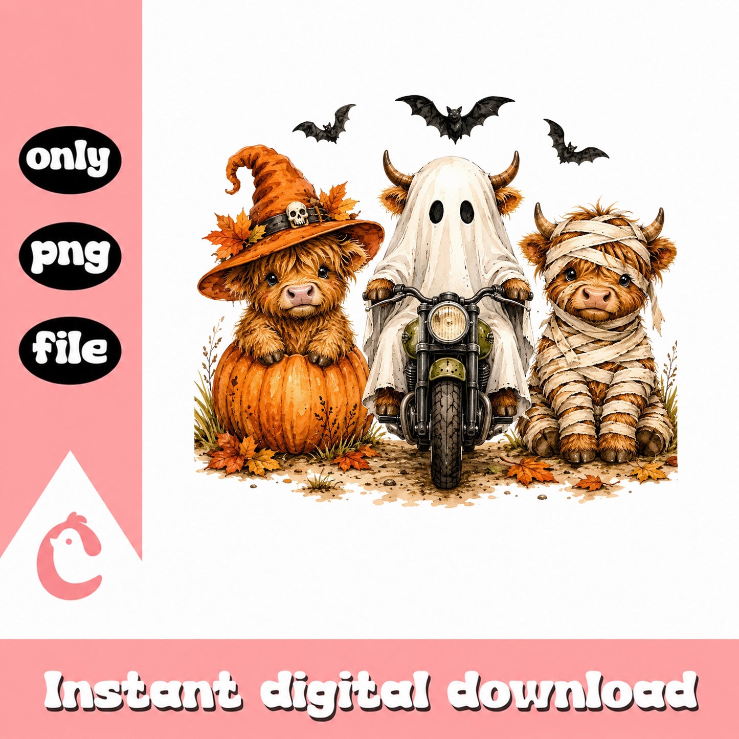 Halloween Highland Cow PNG, Cute Ghost Cow Pumpkin, Spooky PNG