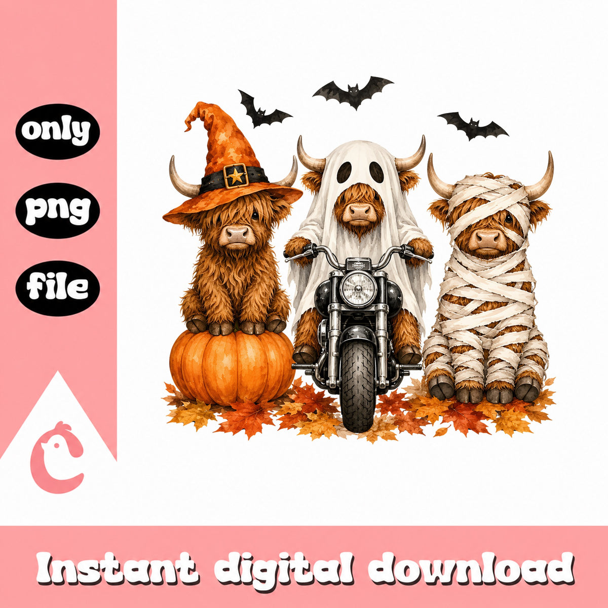 Halloween Highland Cow PNG, Witch Ghost Mummy Cow, Fall PNG