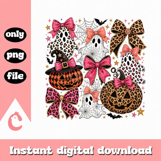 Halloween Leopard Ghost Pumpkin PNG, Coquette Bow PNG, Spooky PNG