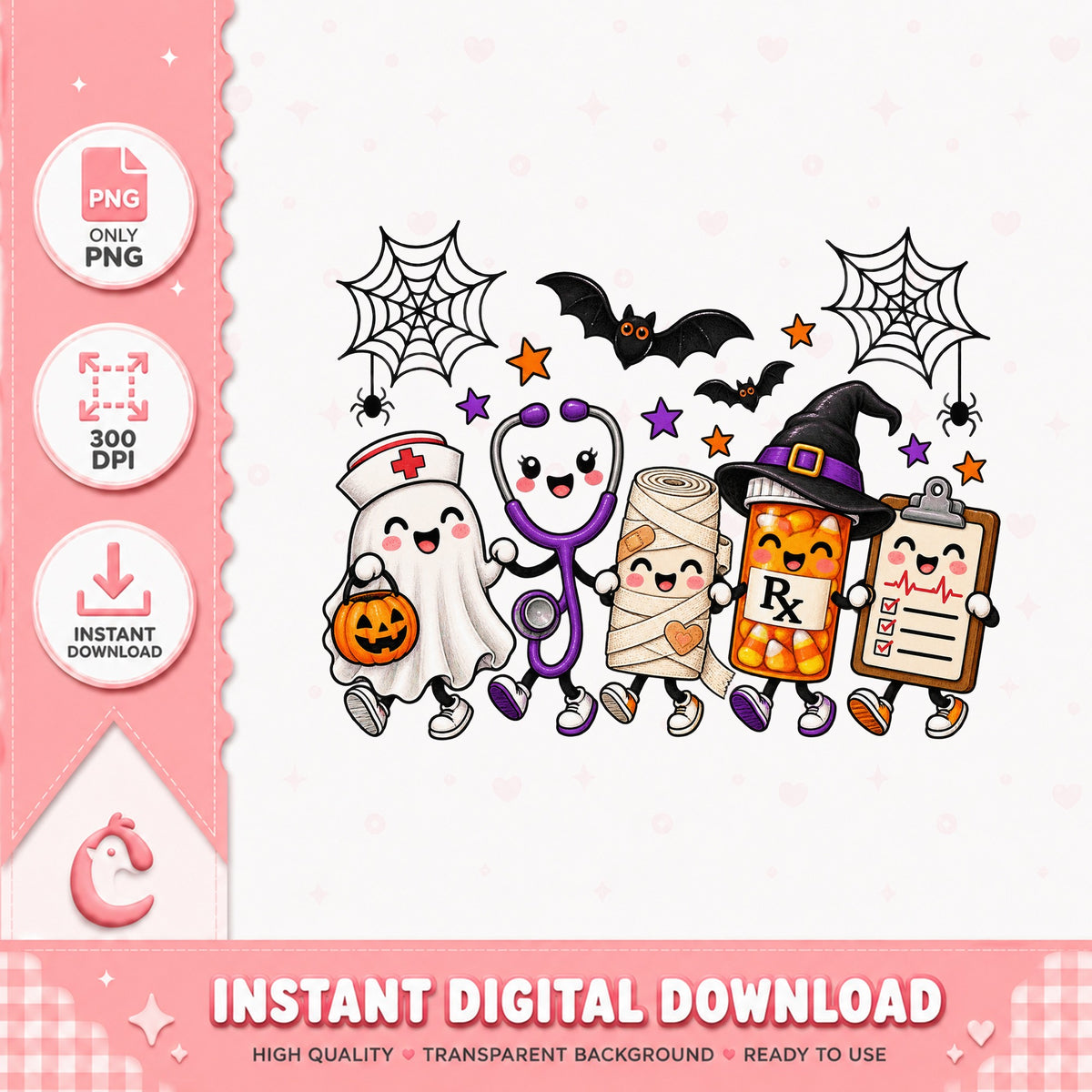 Halloween Nurse PNG Bundle, Medical Kawaii Clipart, Spooky PNG