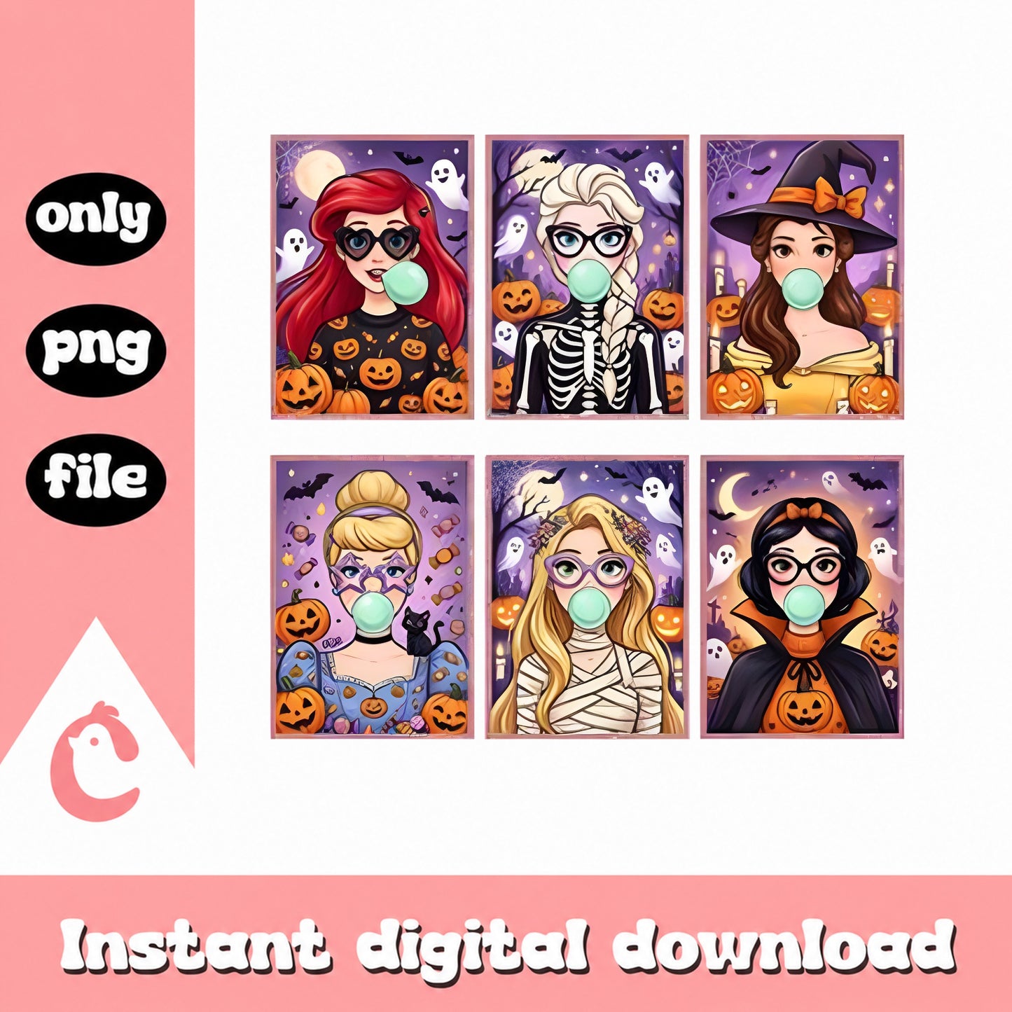 Halloween Princess Clipart Bundle, Bubble Gum Girls, PNG