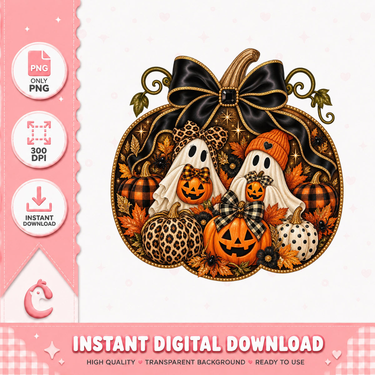 Halloween Pumpkin Ghosts PNG, Leopard Buffalo Plaid, Fall Decor PNG
