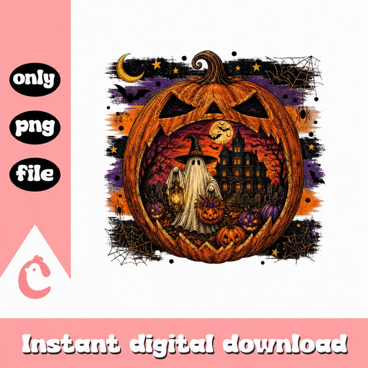 Halloween Pumpkin Haunted House PNG, Spooky Ghost Design, PNG