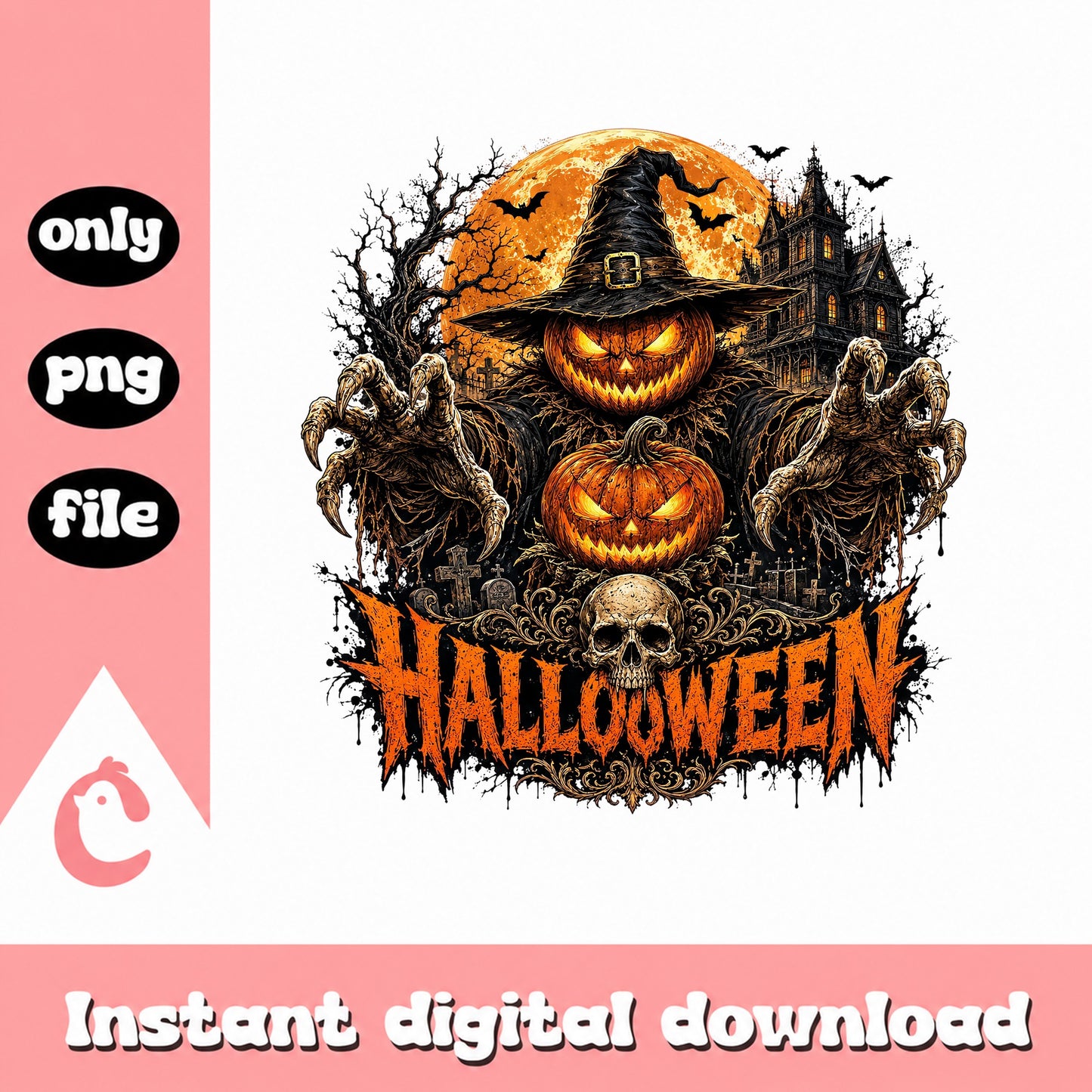 Halloween Pumpkin Scarecrow PNG, Spooky Skull Design, Horror PNG