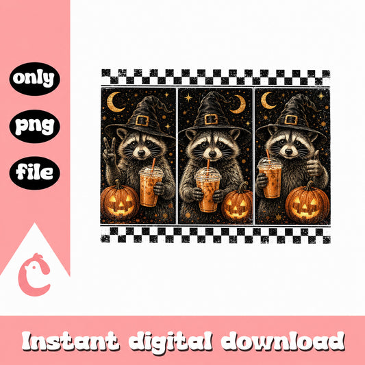 Halloween Raccoon Coffee PNG, Witch Raccoon, Spooky PNG
