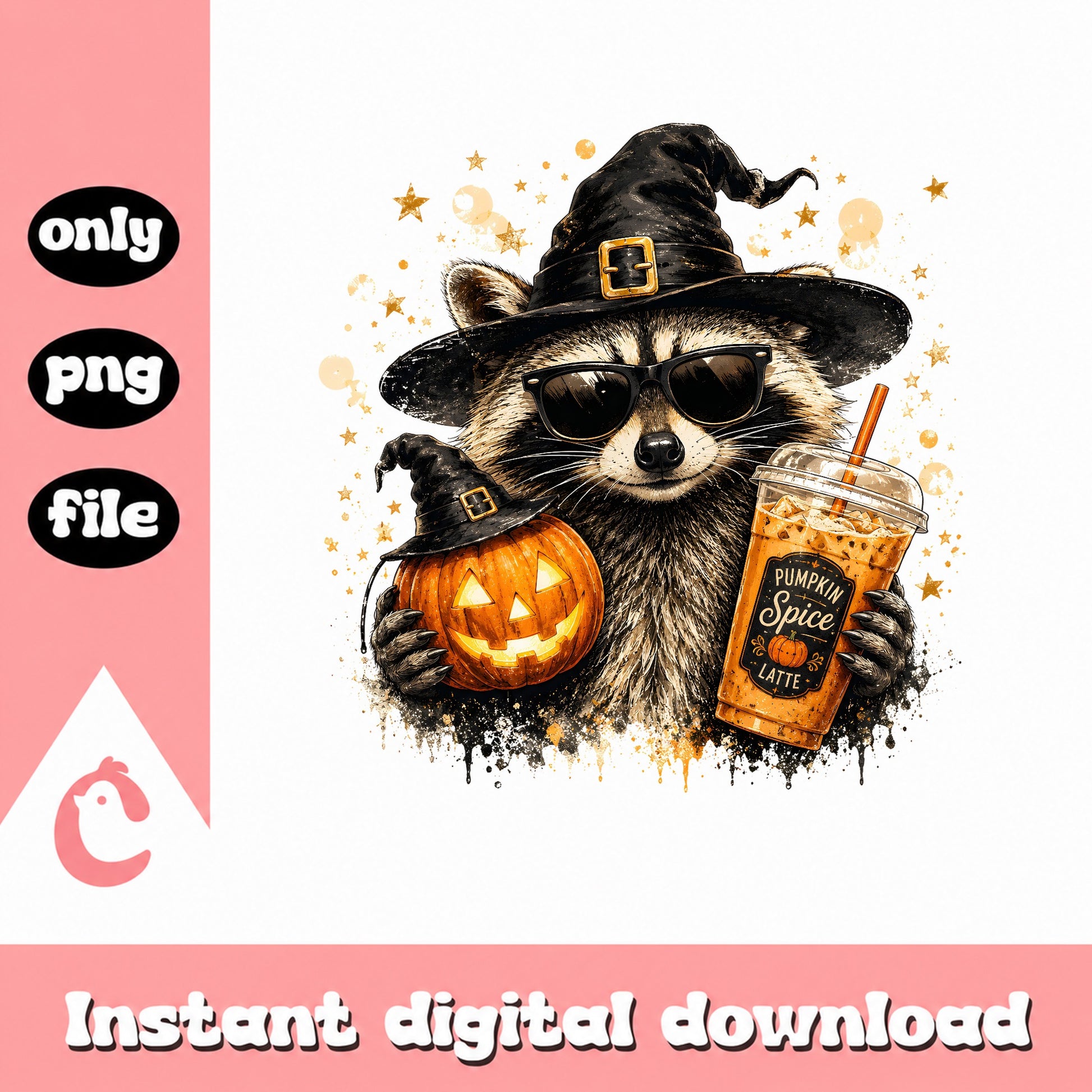Halloween Raccoon Pumpkin Spice Latte PNG, Witch Raccoon PNG, Halloween PNG