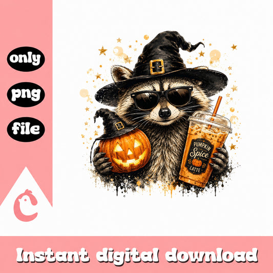 Halloween Raccoon Pumpkin Spice Latte PNG, Witch Raccoon PNG, Halloween PNG