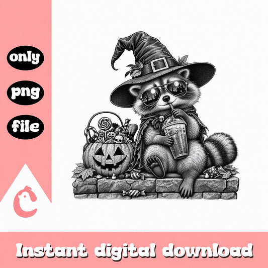 Halloween Raccoon With Pumpkin PNG, Witch Hat Clipart, PNG File