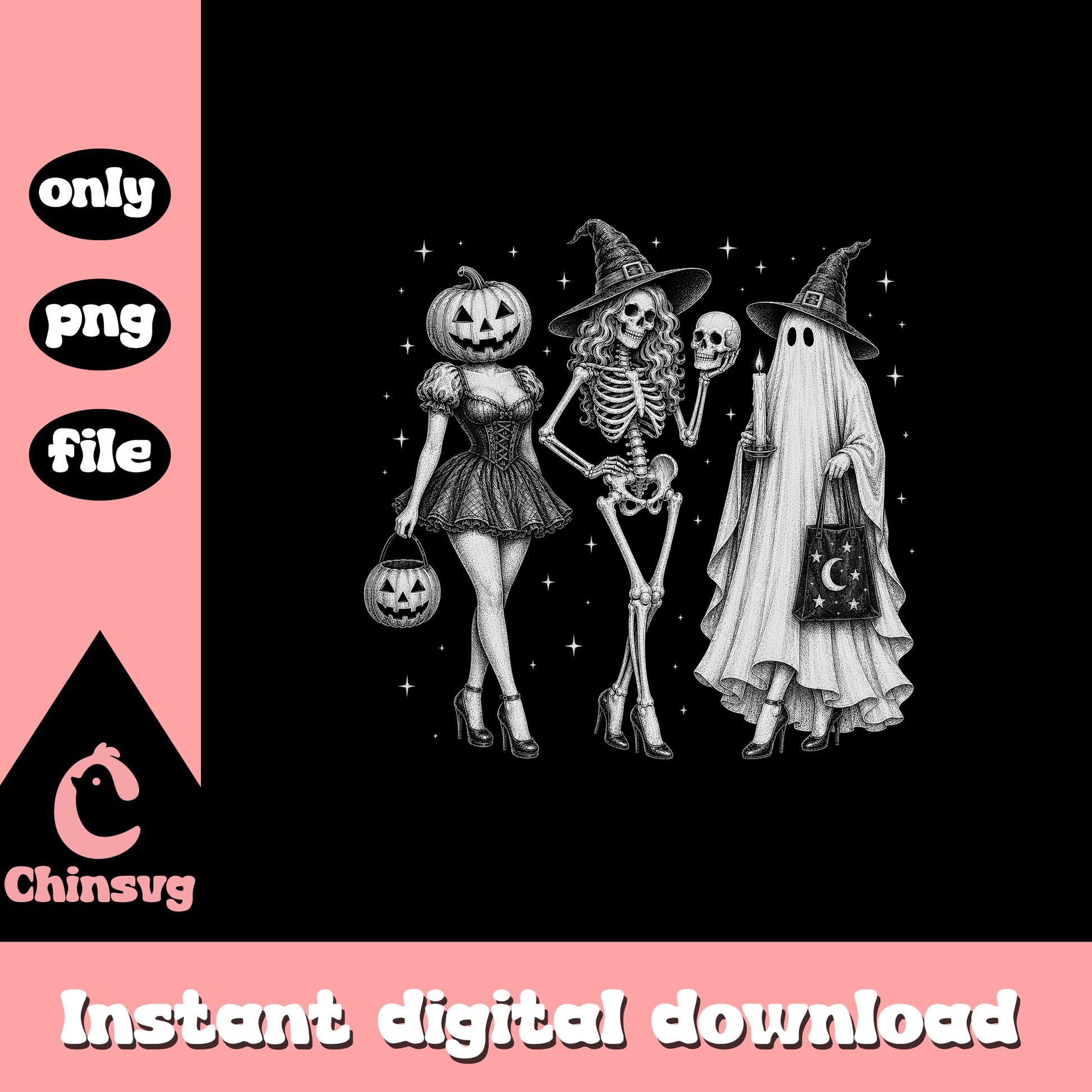 Halloween Skeleton Ghost Pumpkin Girl PNG, Spooky Women PNG, Halloween PNG