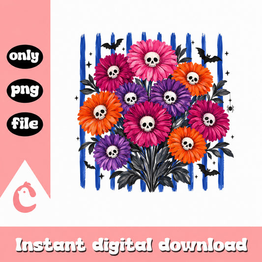 Halloween Skull Floral Bouquet PNG, Spooky Flowers PNG, Halloween PNG