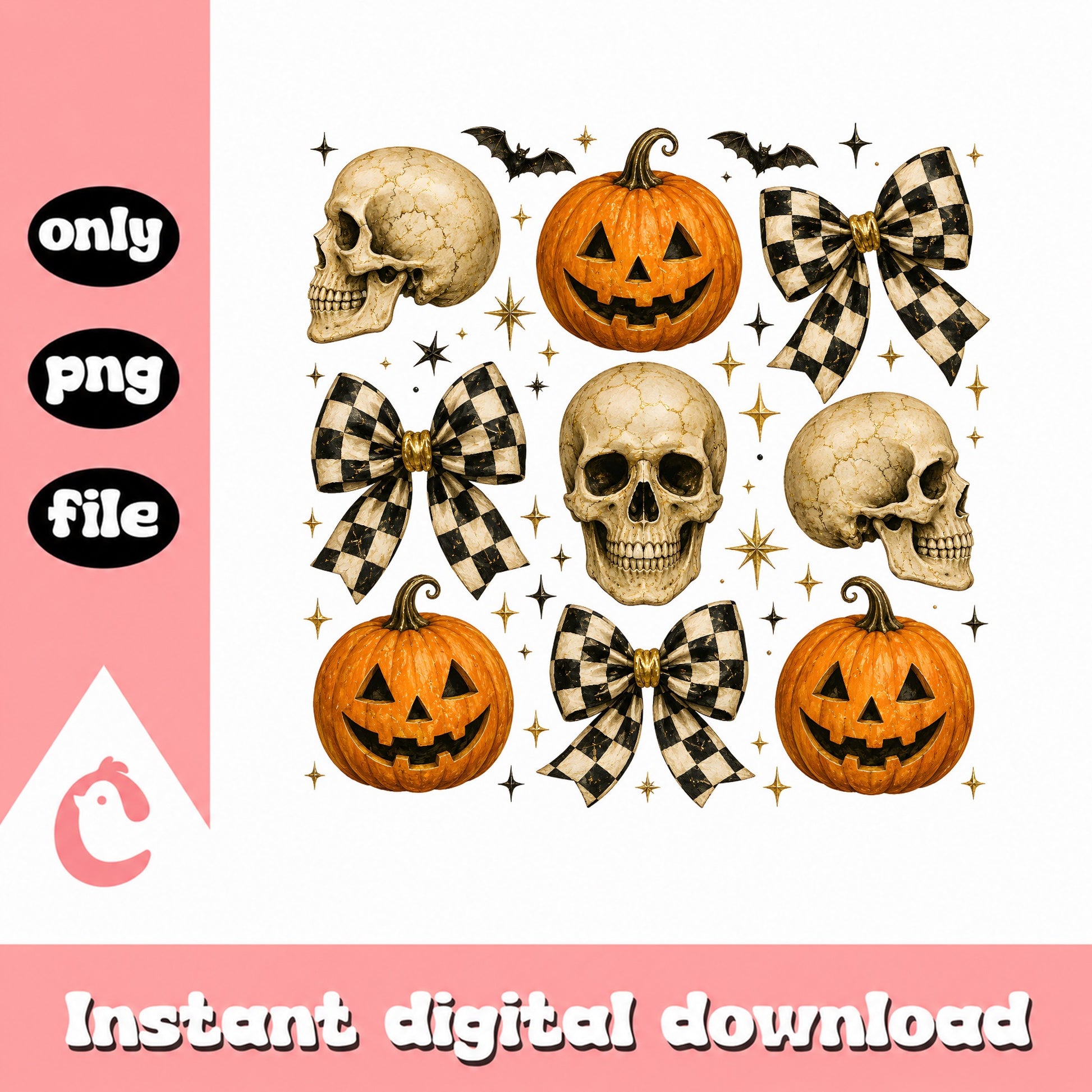 Halloween Skull Pumpkin Checkered Bow PNG, Spooky PNG, Halloween PNG