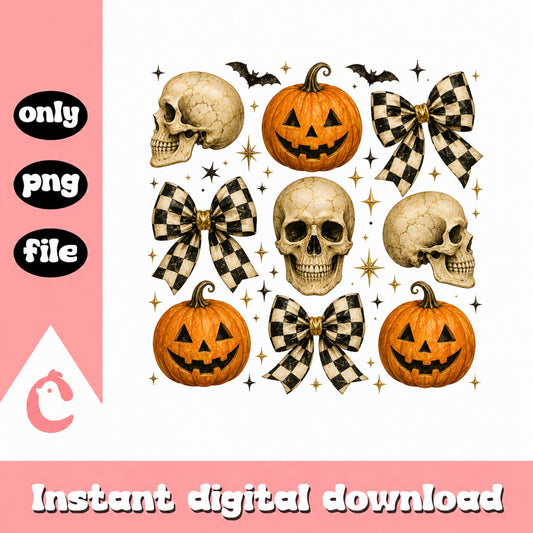 Halloween Skull Pumpkin Checkered Bow PNG, Spooky PNG, Halloween PNG