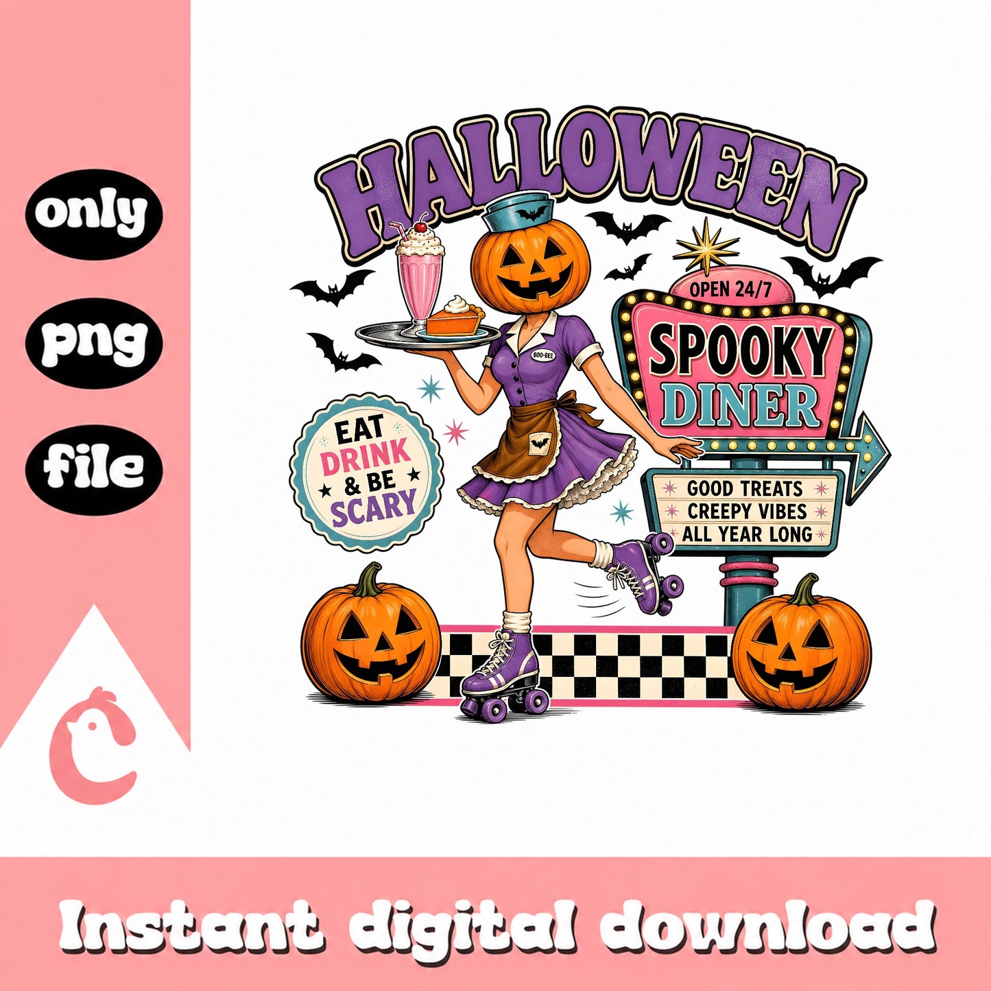 Halloween Spooky Diner Pumpkin Waitress, Retro Halloween PNG, Spooky PNG