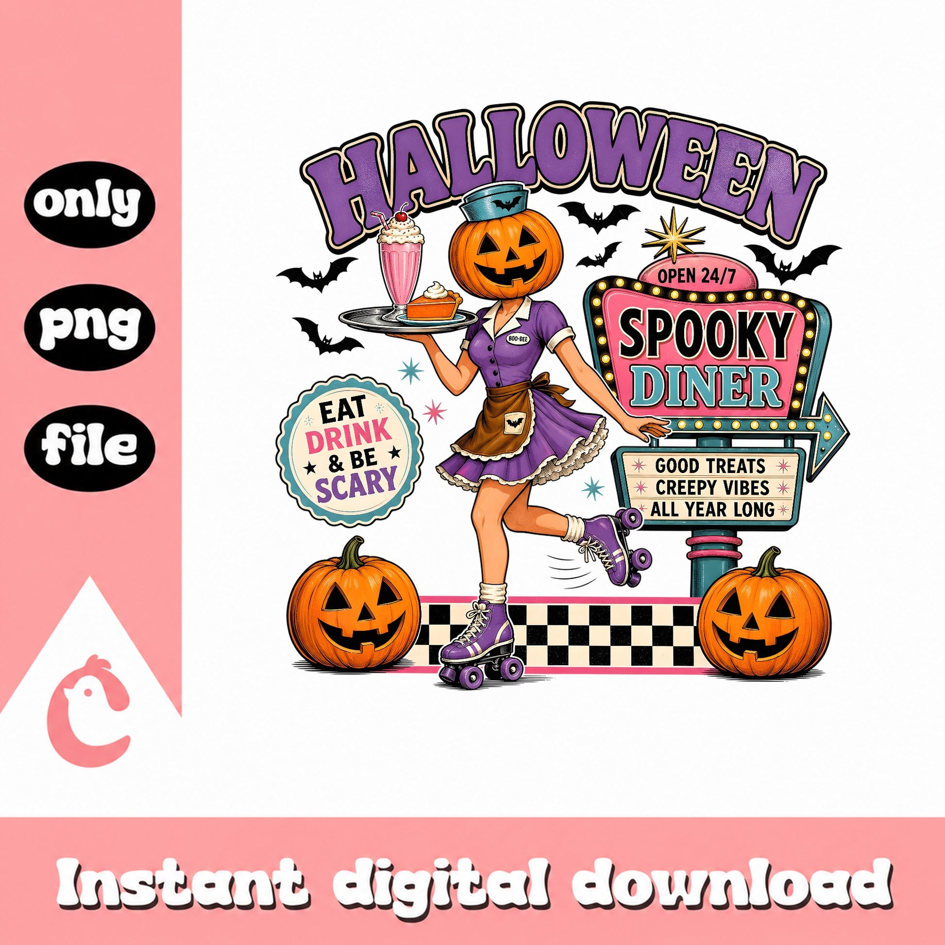 Halloween Spooky Diner Pumpkin Waitress, Retro Halloween PNG, Spooky PNG