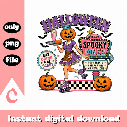 Halloween Spooky Diner Pumpkin Waitress, Retro Halloween PNG, Spooky PNG