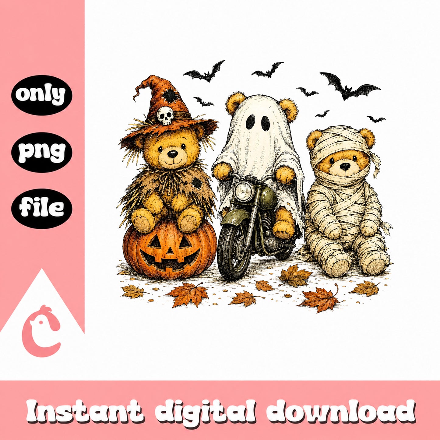 Halloween Teddy Bear Bundle PNG, Cute Spooky Bears, Ghost Mummy PNG