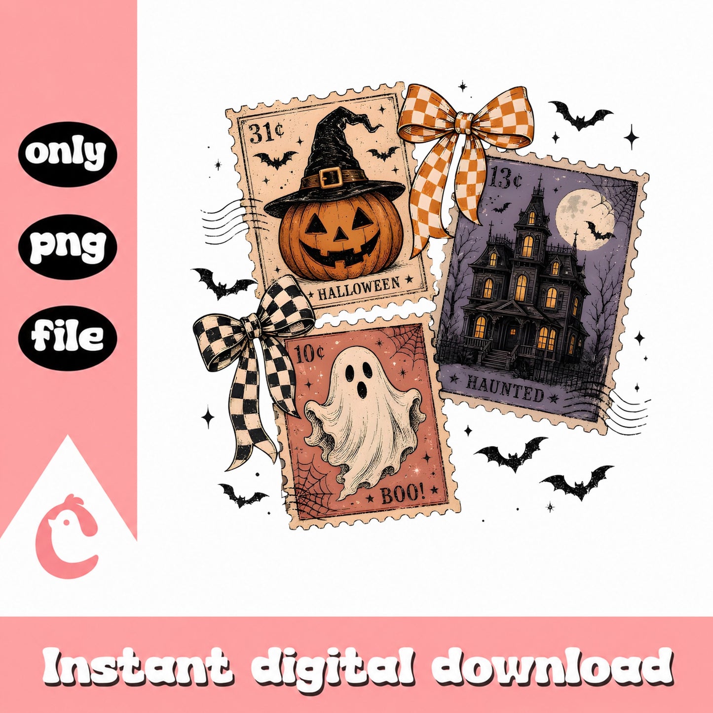 Halloween Vintage Stamp PNG, Retro Ghost Pumpkin PNG, Spooky Halloween PNG