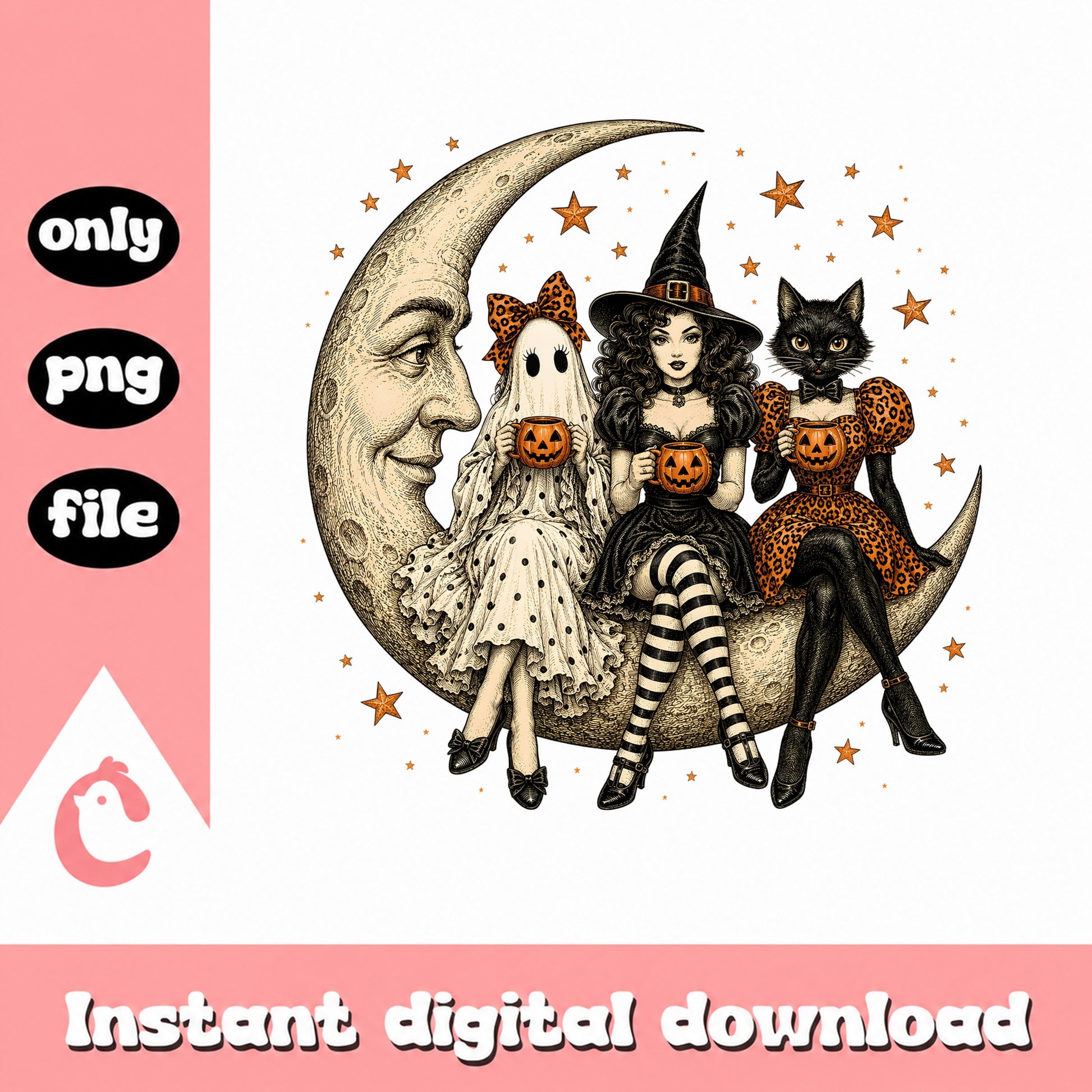 Halloween Witch Ghost Cat Moon PNG, Spooky Women PNG, Halloween PNG