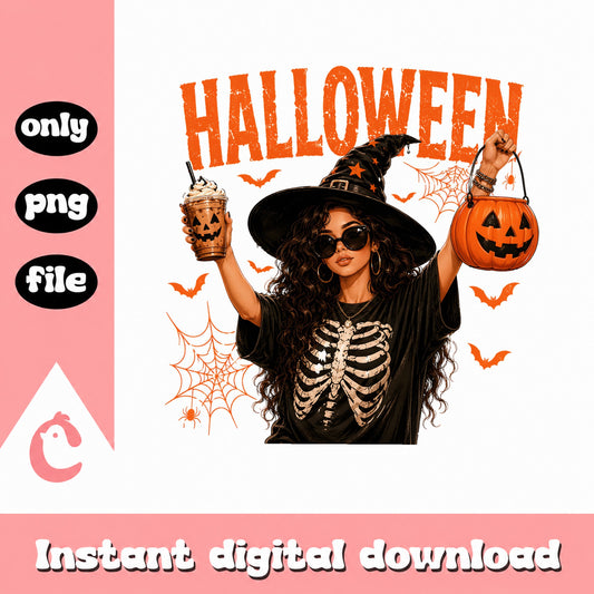 Halloween Witch Girl PNG, Skeleton Coffee Pumpkin, Spooky PNG