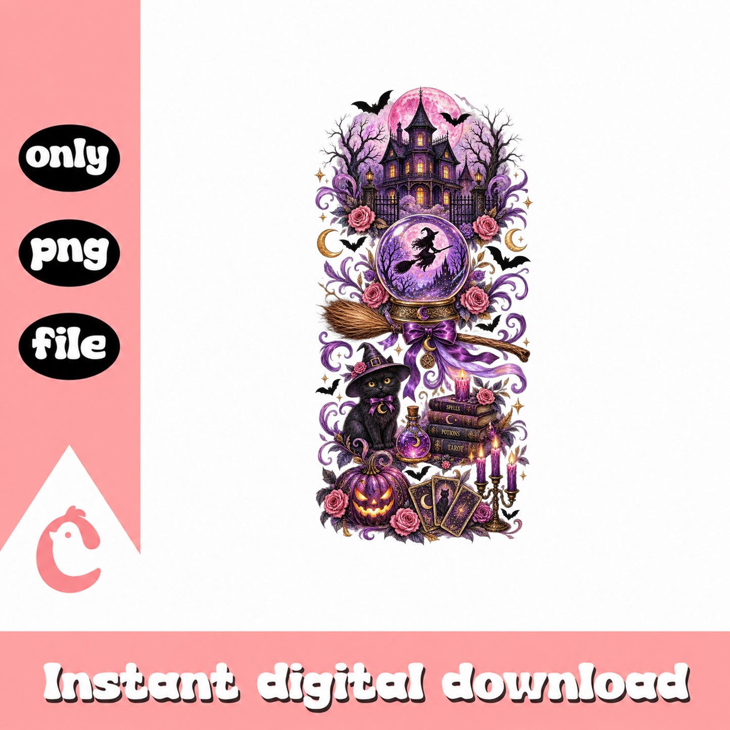 Halloween Witch Tumbler Wrap PNG, Spooky Haunted House, PNG File