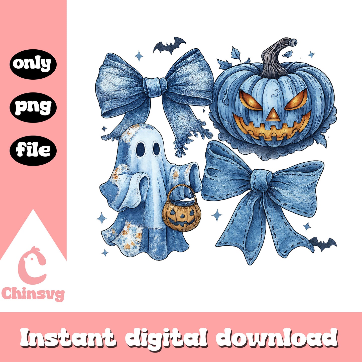 Halloween blue ghost patchwork design png, spooky season png