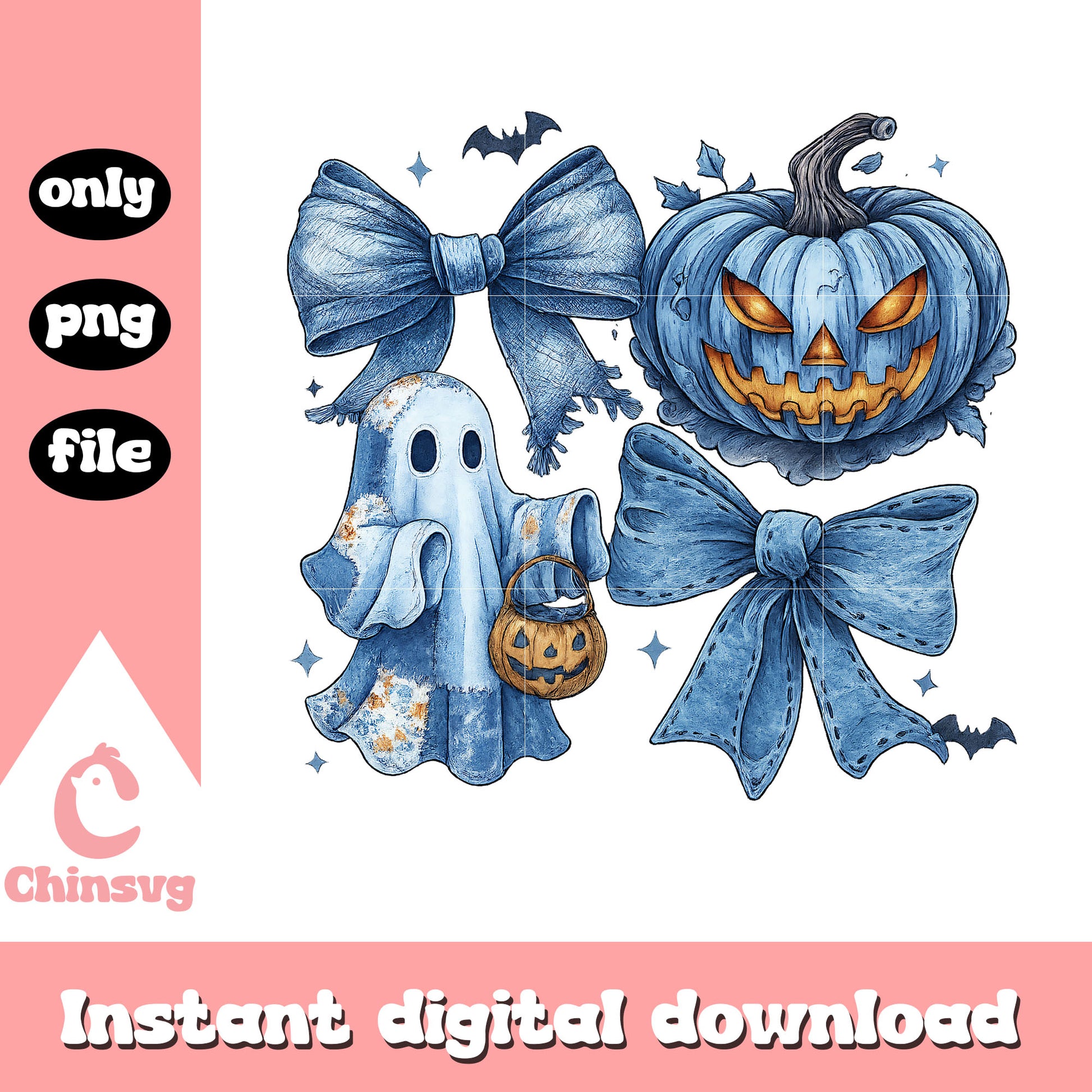Halloween blue ghost patchwork design png, spooky season png