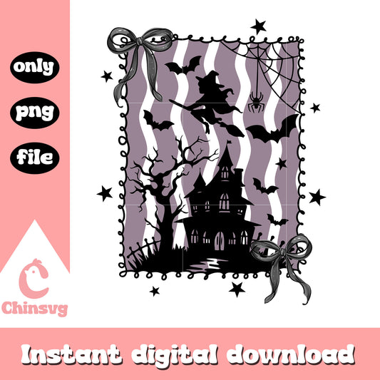 Halloween castle witch stamp design png, trick or treat png