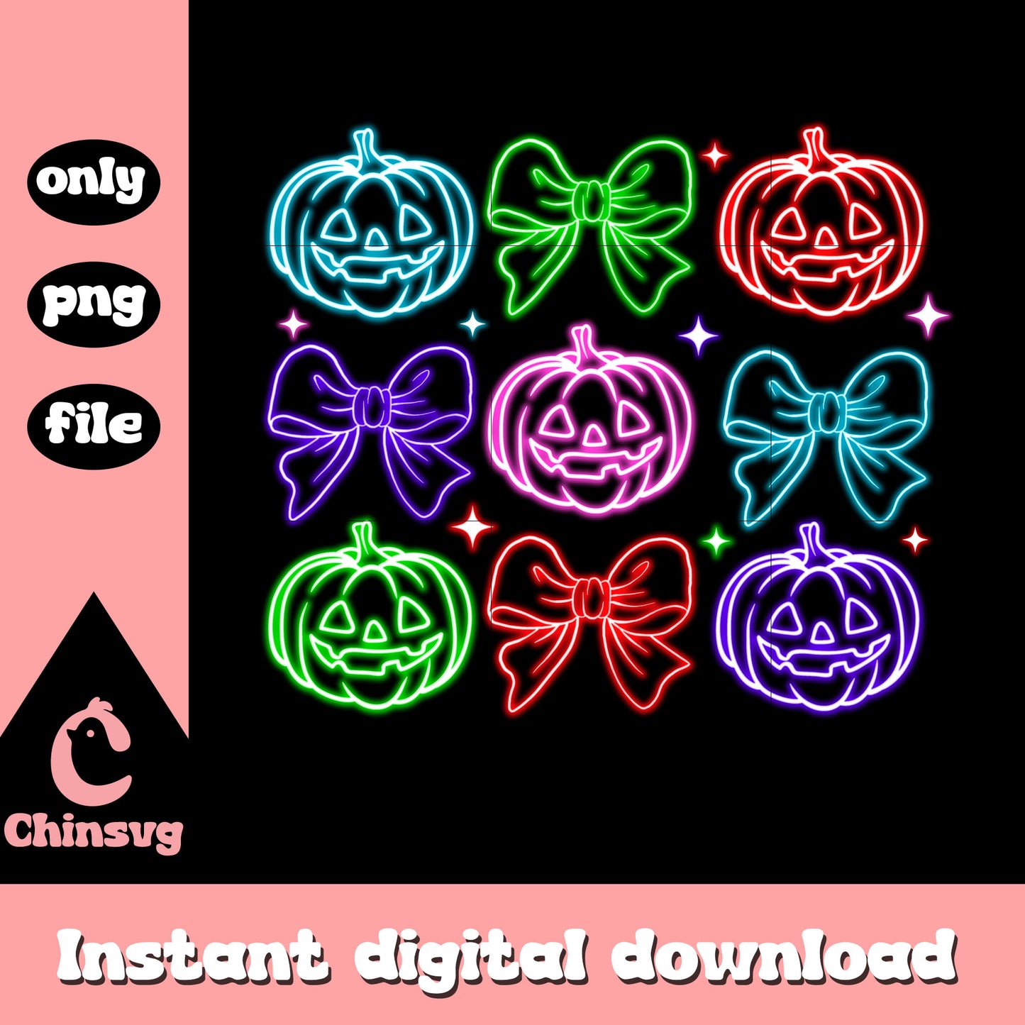 Halloween coquette bow pumpkins neon png, pumpkin halloween png