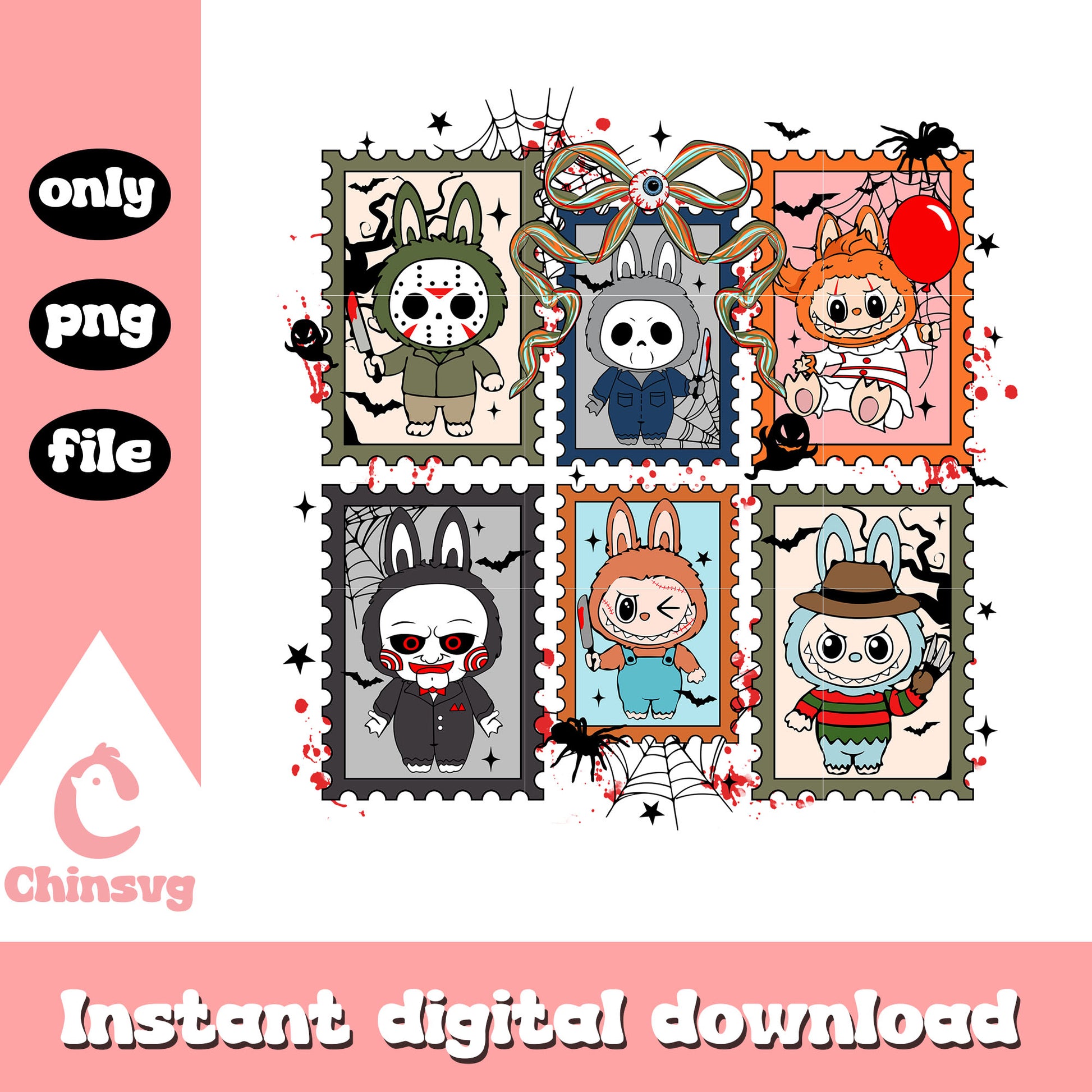 Halloween coquette labubu stamp frame png, halloween design png