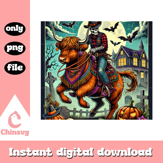 Halloween cow and skeleton tumbler design png, halloween art png