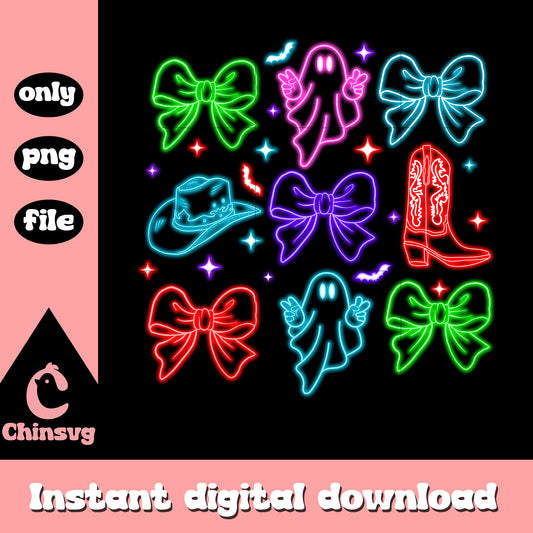 Halloween cowboy ghost coquette bow neon png, cute ghost halloween png