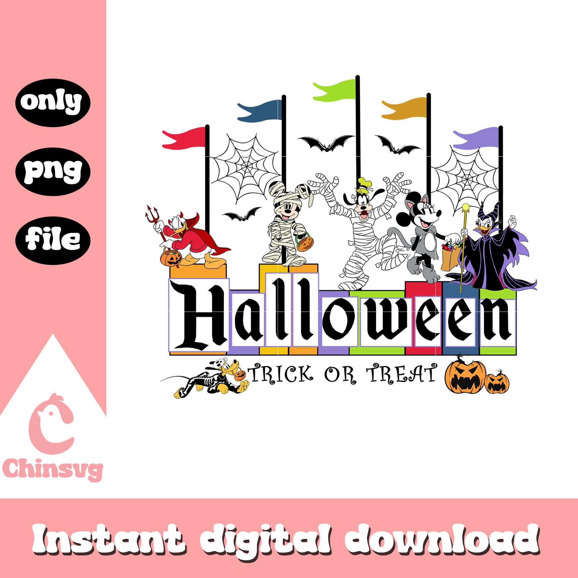 Halloween disney trick or treat flags design png, disney png