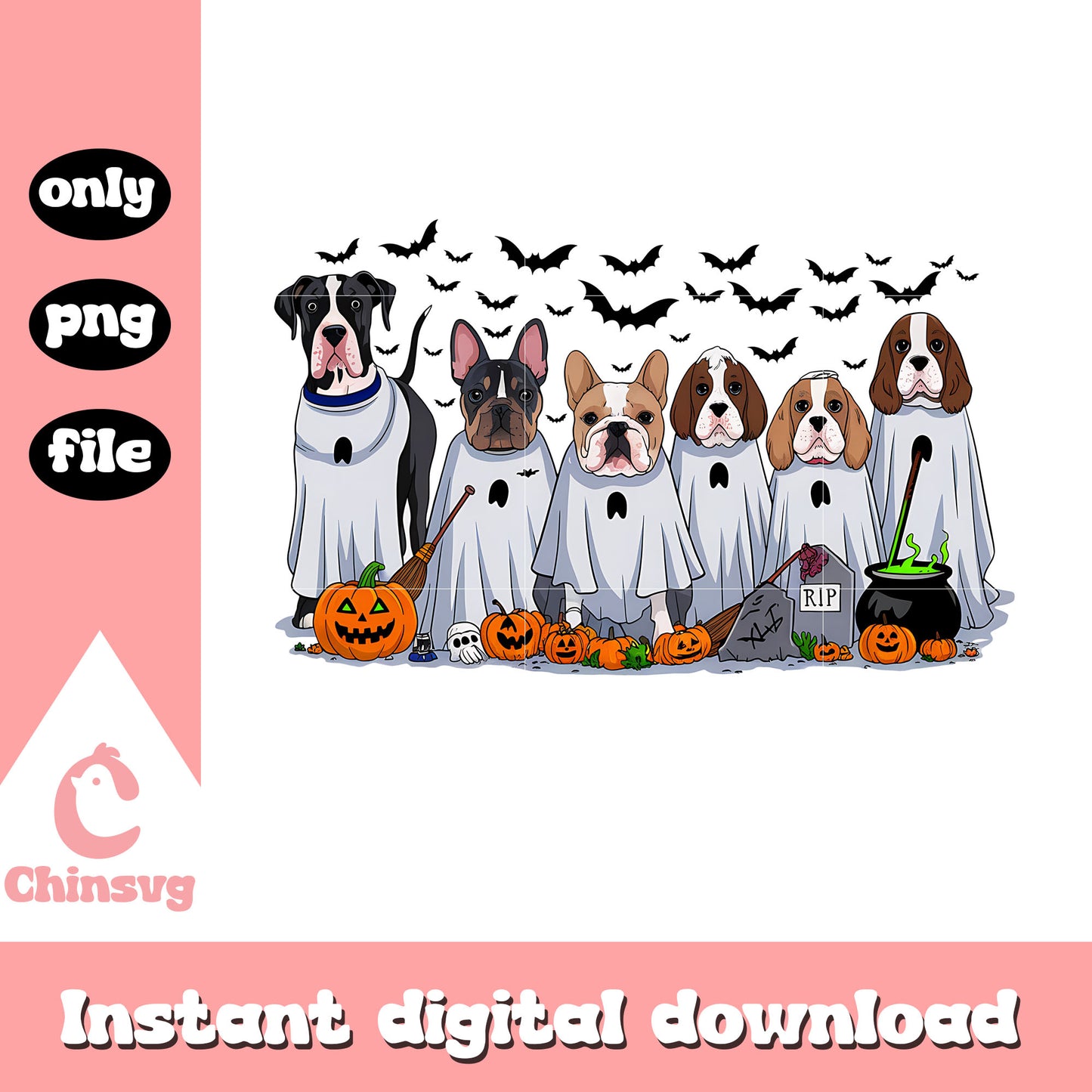 Halloween dogs with bats and pumpkins design png, halloween art png