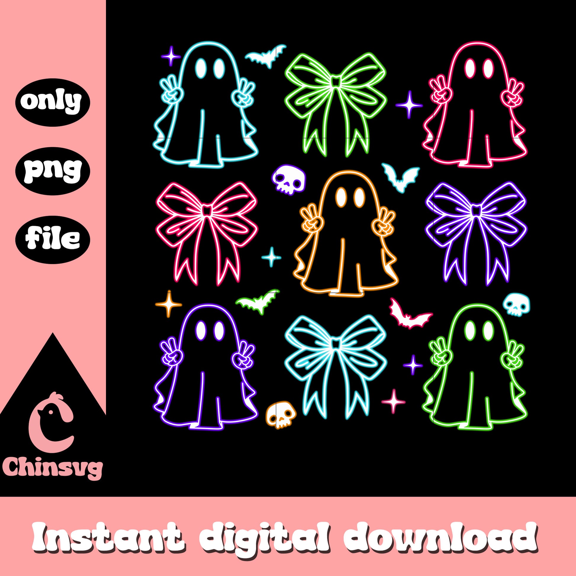 Halloween ghost coquette bow neon png, halloween ghost png