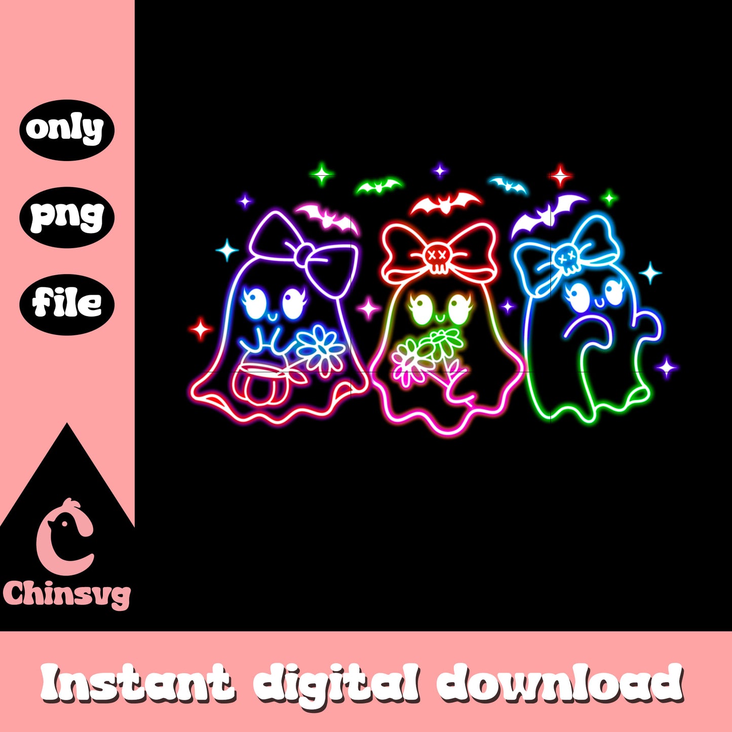 Halloween ghost cute bow neon graphic png, halloween clipart ghost png
