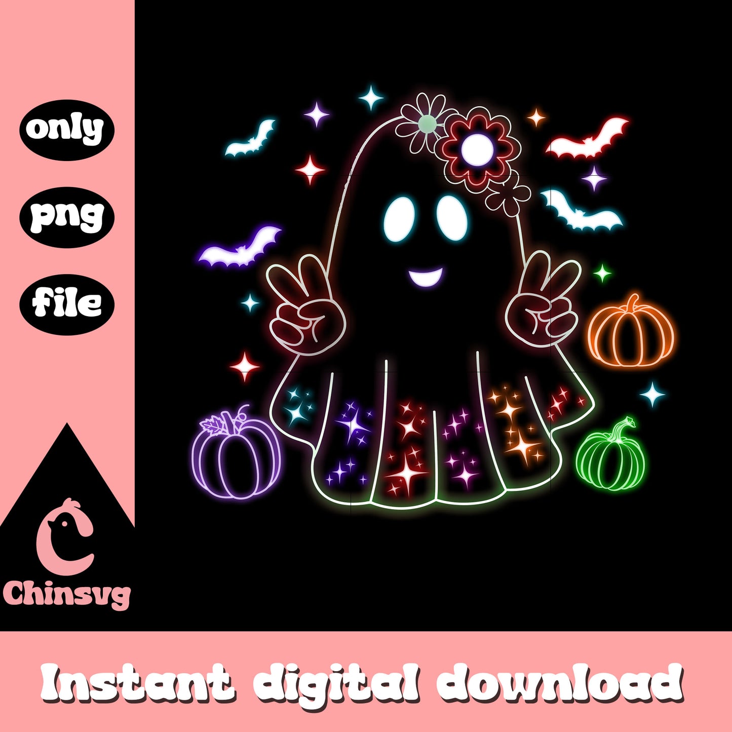 Halloween ghost cute flower neon design png, ghost halloween pictures png