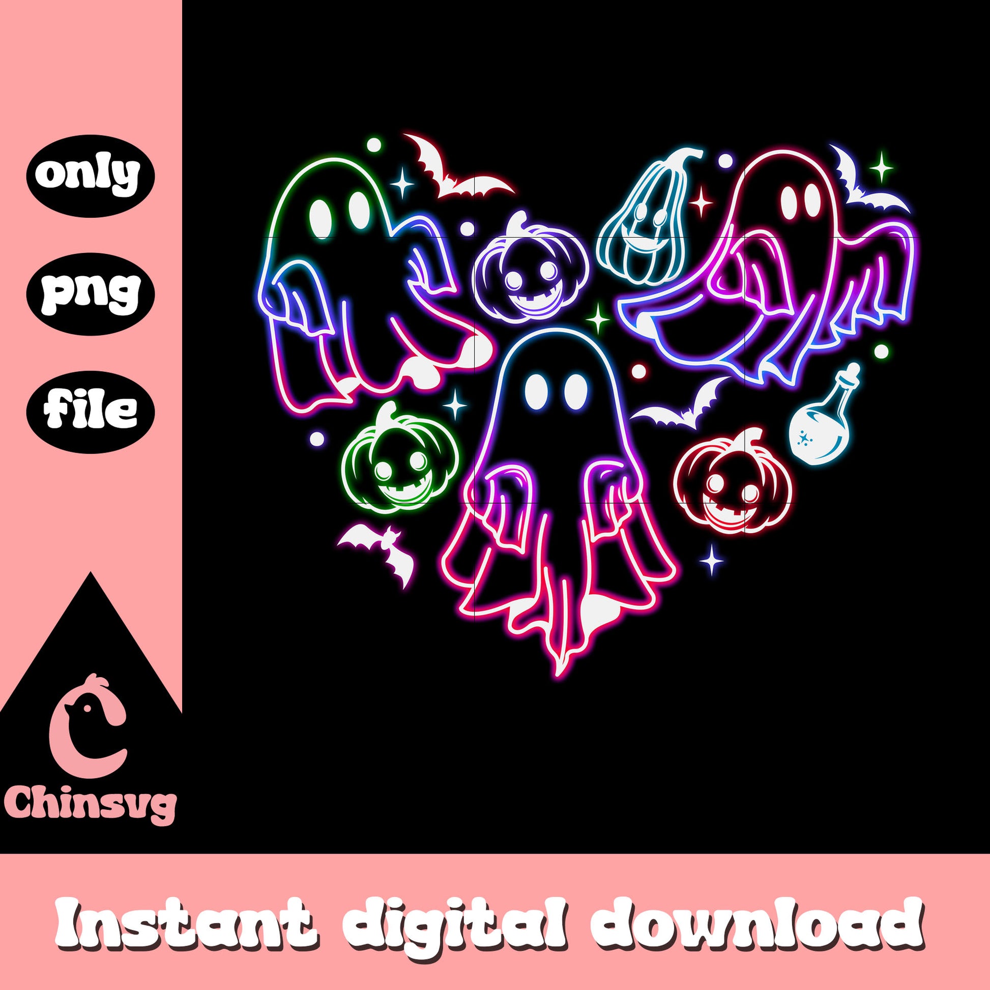 Halloween ghost heart shape neon png, cartoon cute ghost png