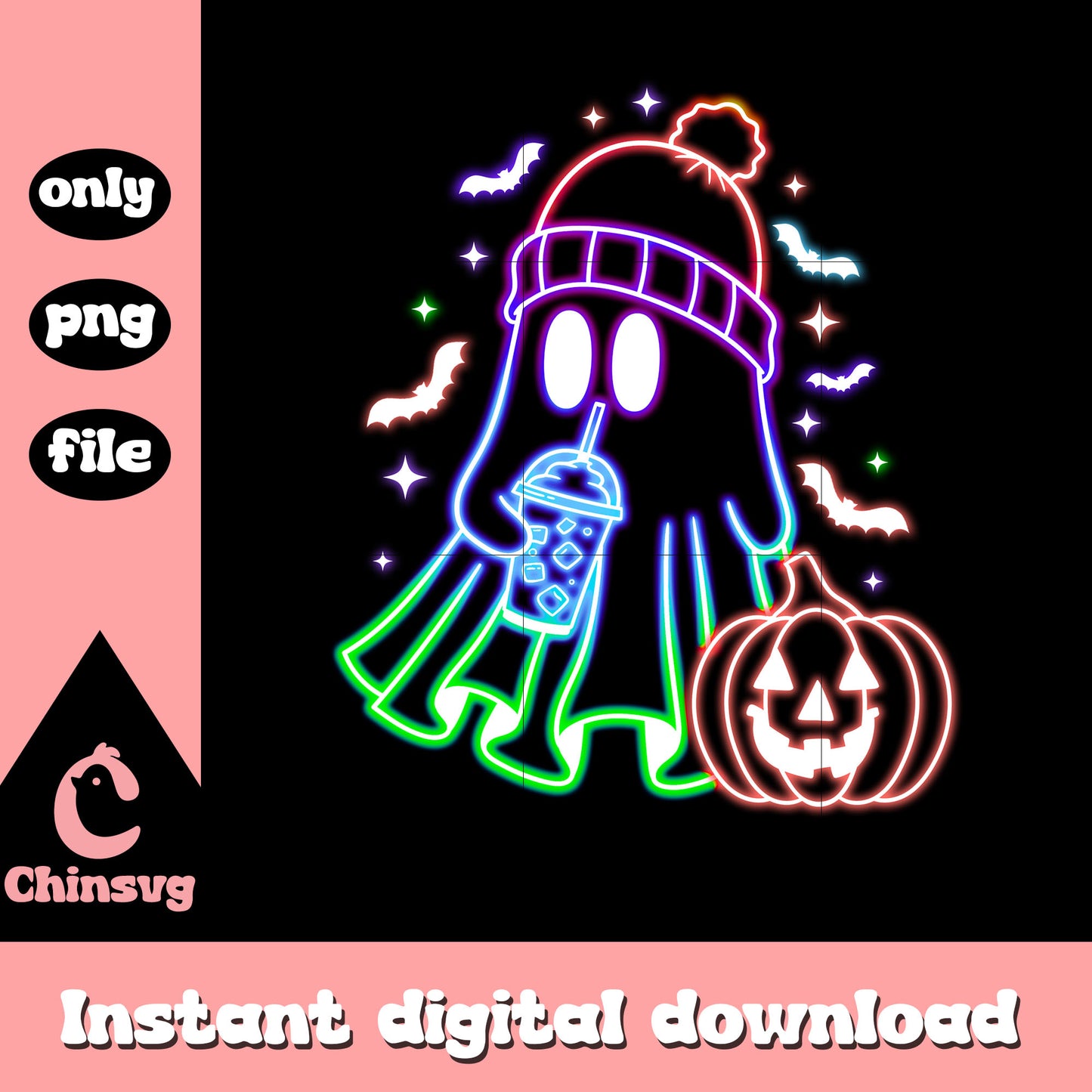 Halloween ghost pumpkin neon png, cute ghost decorations png