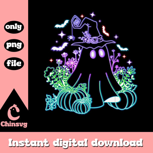 Halloween ghost witch pumpkin flower neon png, cute ghost cartoon png