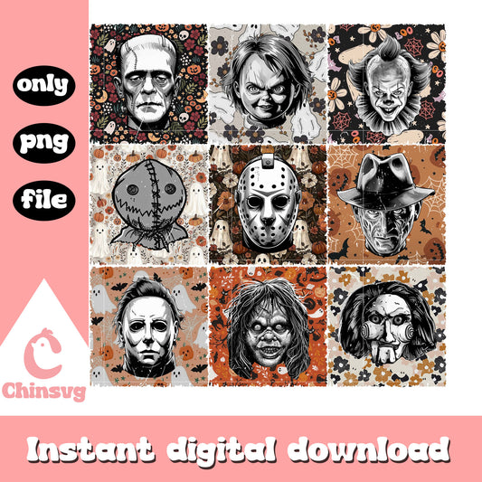 Halloween horror characters face collage design png, halloween png