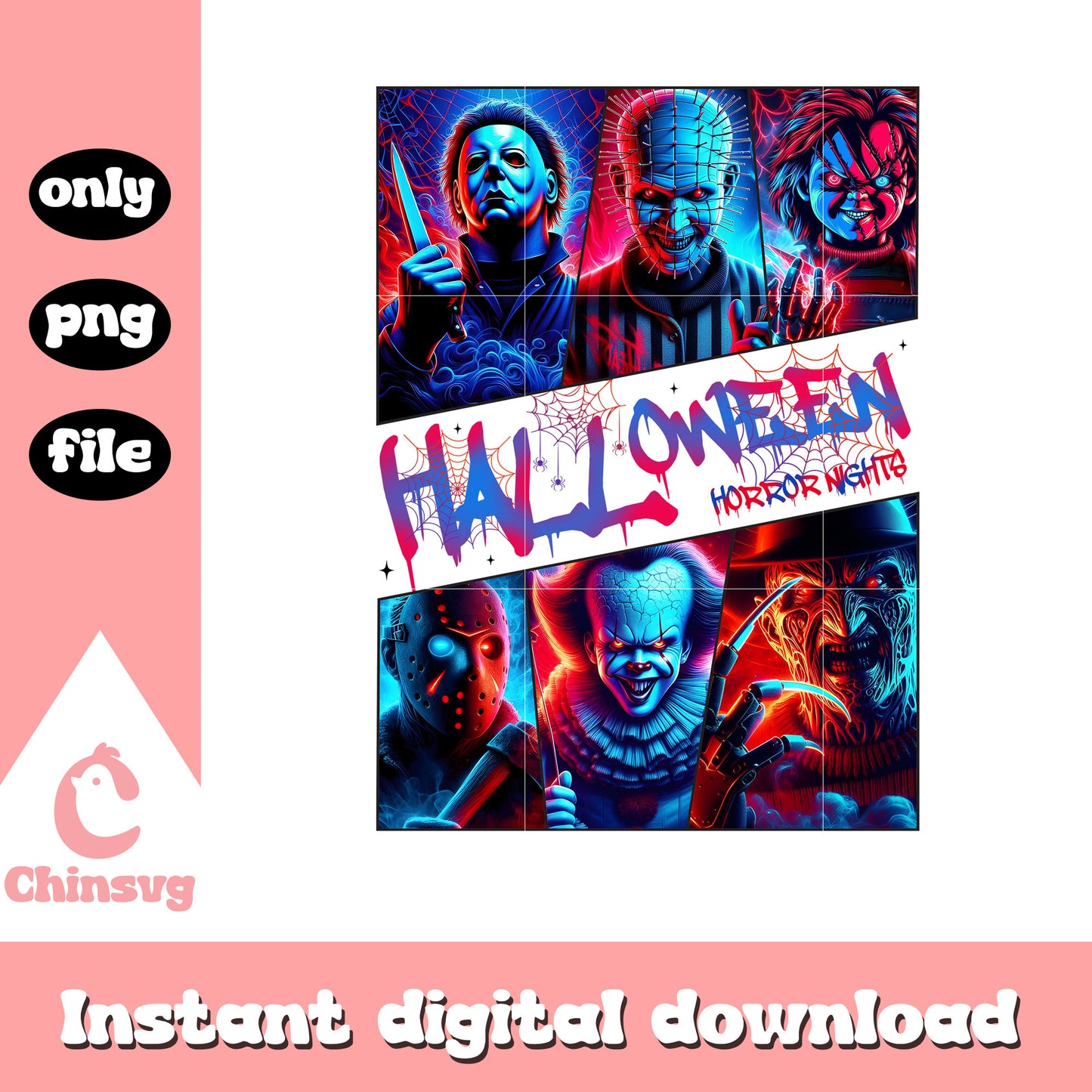 Halloween horror night design png, horror characters halloween png