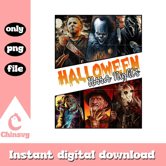 Halloween horror ninghts design png, horror characters collage png