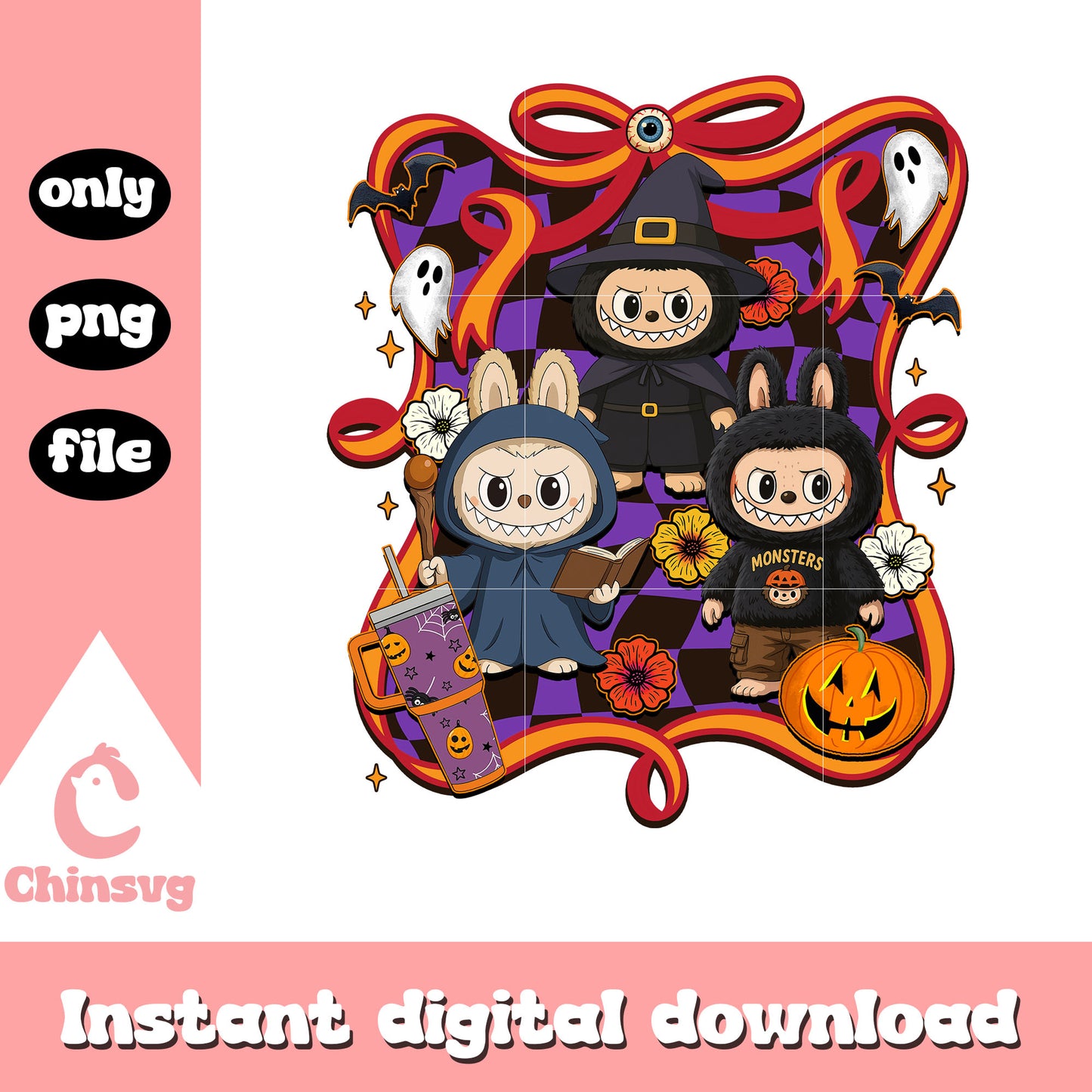 Halloween labubu classic witches bow clipart png, halloween holiday png