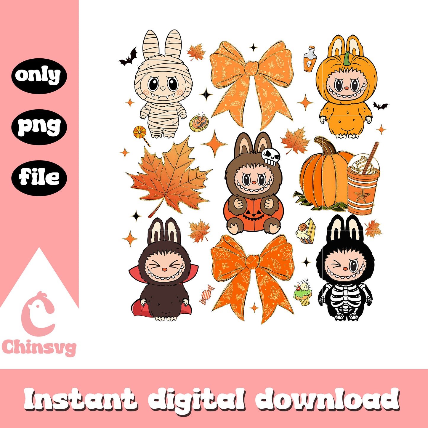 Halloween labubu coquette bow design png, autumn leaves png
