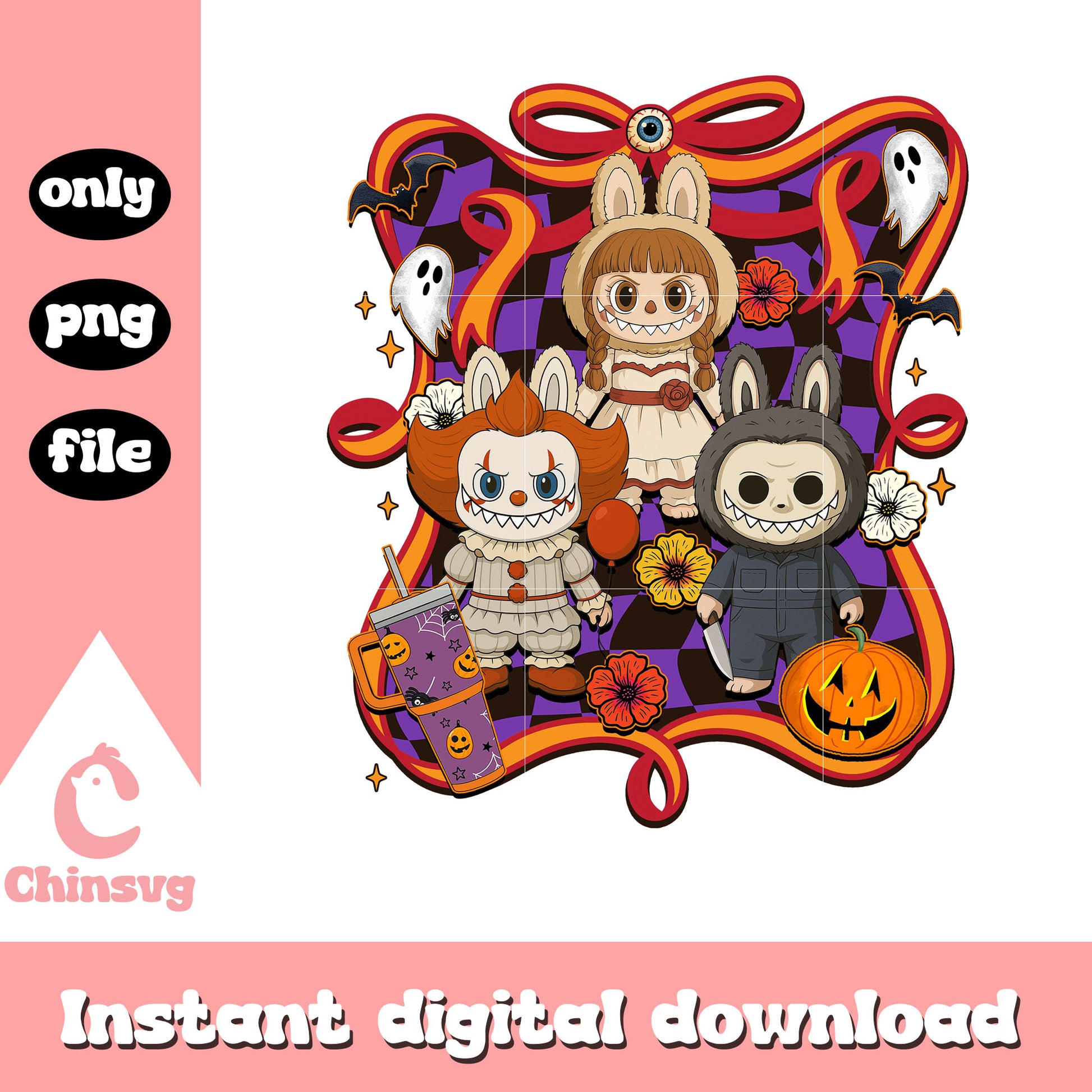 Halloween labubu doll bow art png, halloween labubu png