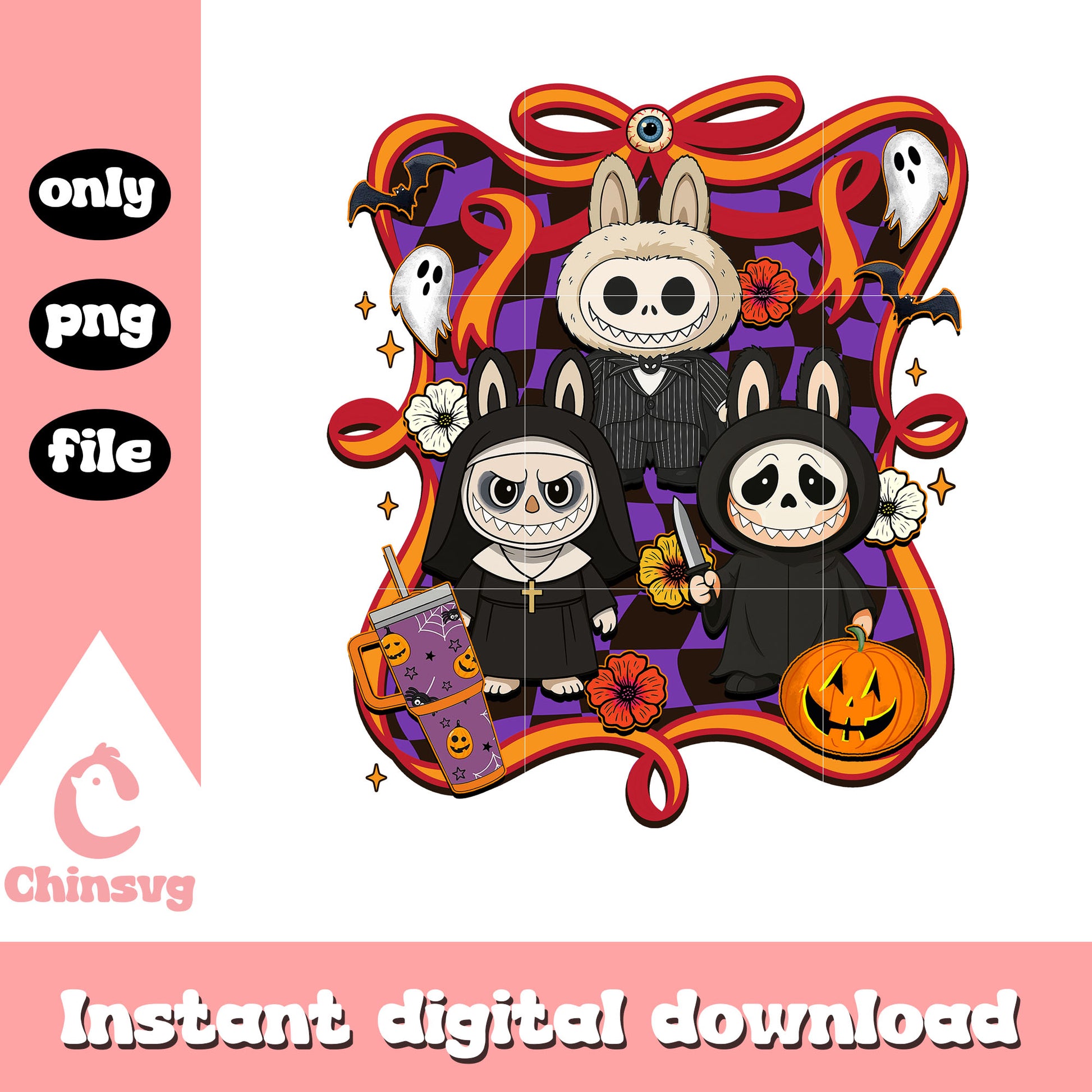 Halloween labubu doll bow design png, halloween art png, labubu png