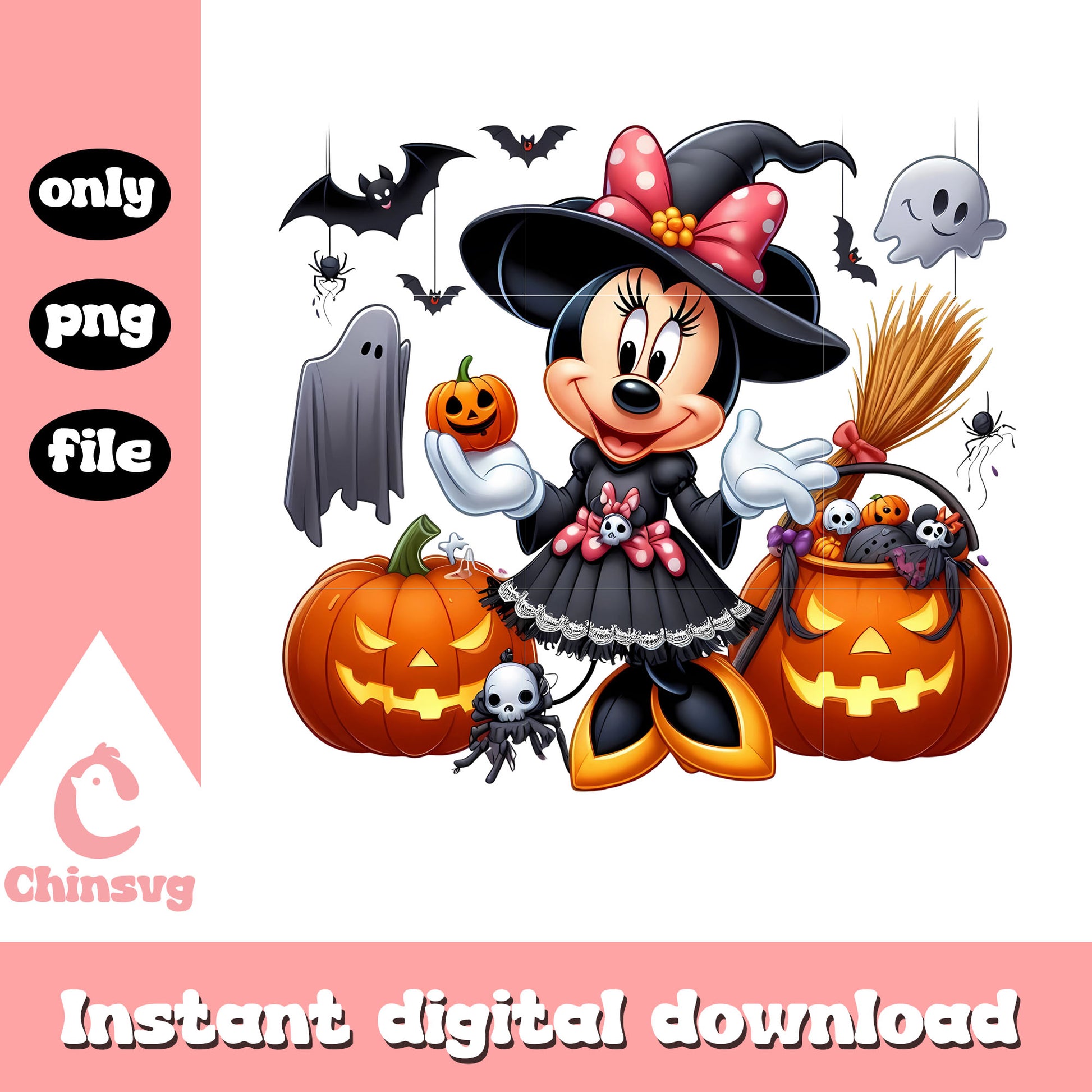 Halloween pumpkin witch minnie mouse character png, minnie disney png
